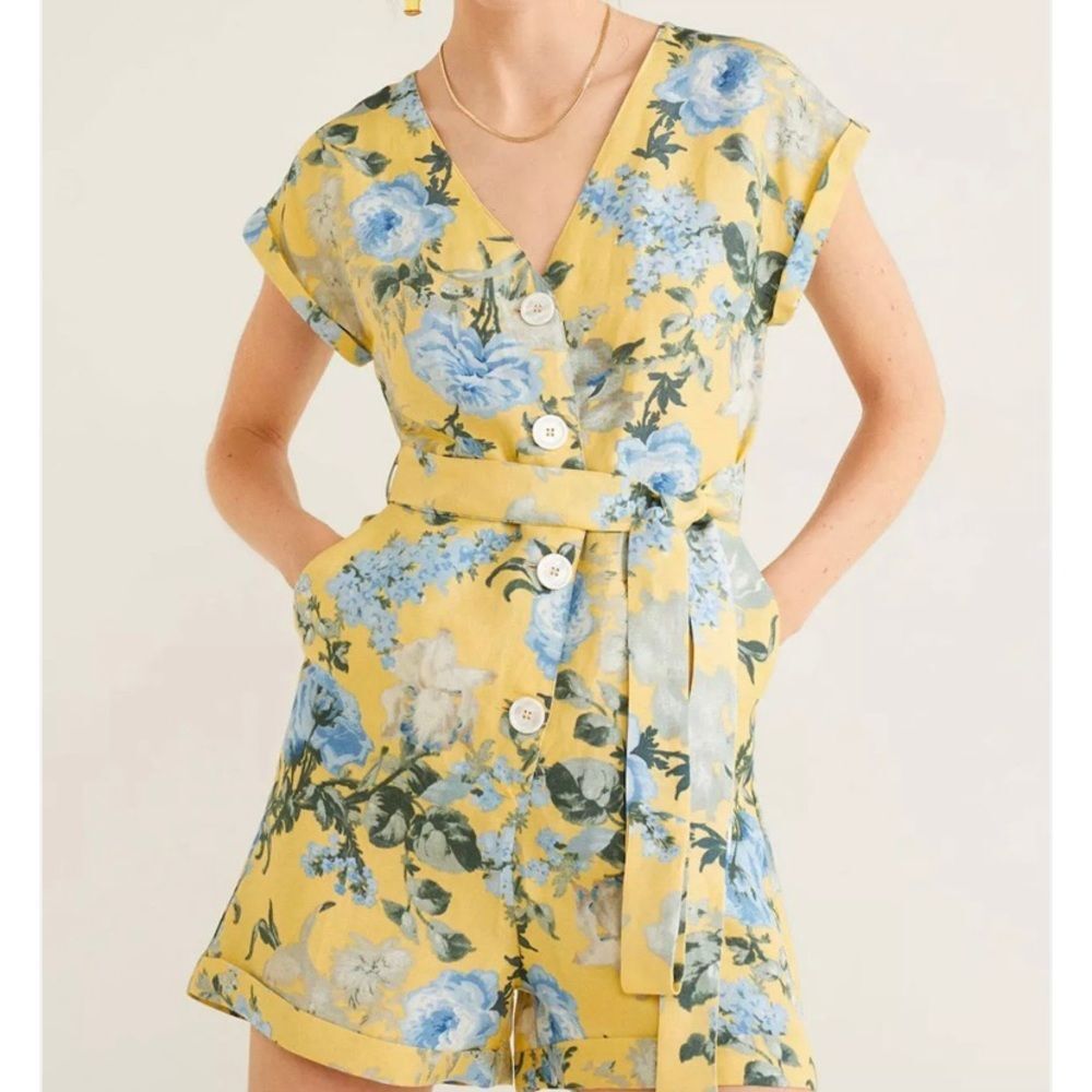 Mango yellow blue floral short sleeve romper
